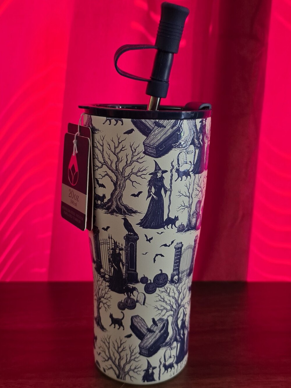20oz Witch Insulated Tumbler - Navy Blue and Green With Black Cats And Cemetery